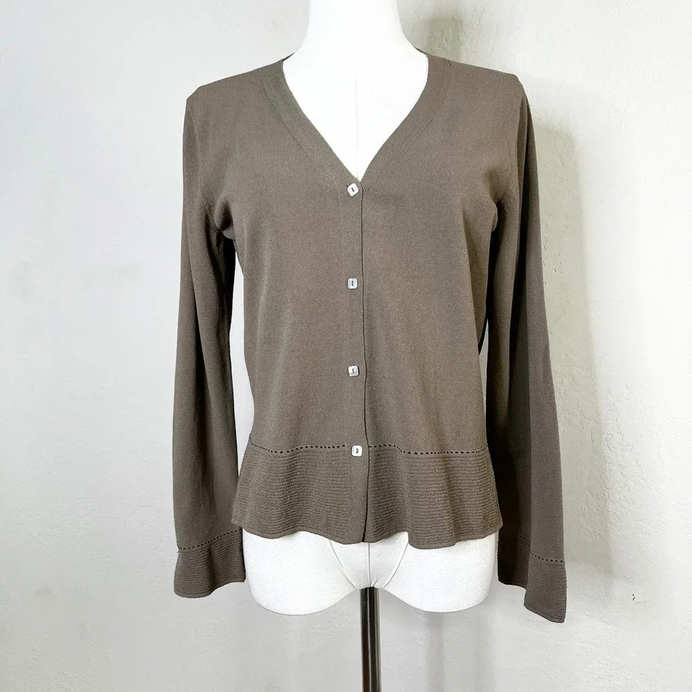 Margaret O'Leary‎ Cardigan Sweater Size 2 = Medium Brown V Neck Long Sleeve